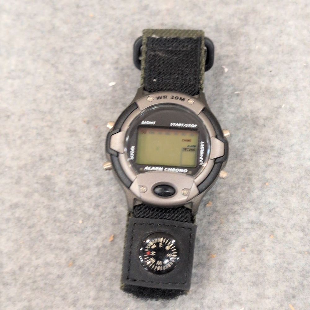 Digital Alarm Chronograph Watch with Compass Green Nylon Hook and Loop Strap - Picture 1 of 4